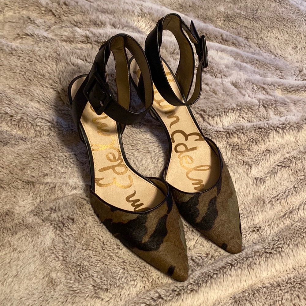 Sam Edelman real cow fur Camo ankle strap heels
